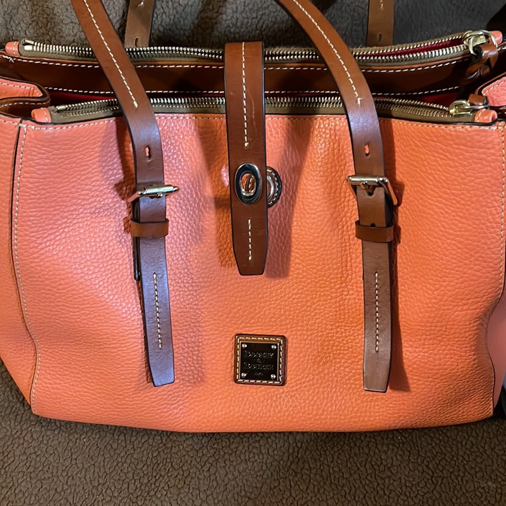 Downey & Bourke Pebble Leather Miller Shopper Handbag. Stunning coral color!